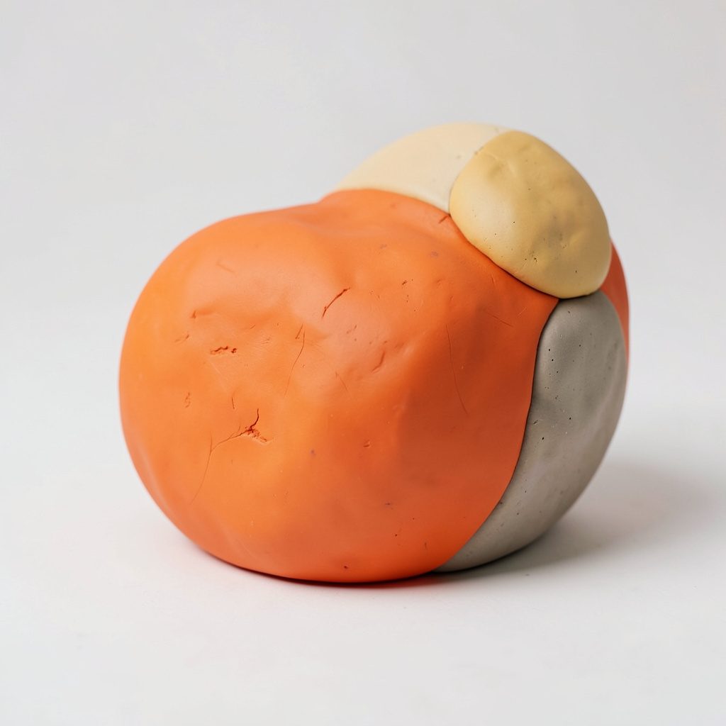 Soft clay-model portrait of a rounded figure with terracotta tones on a dark background.